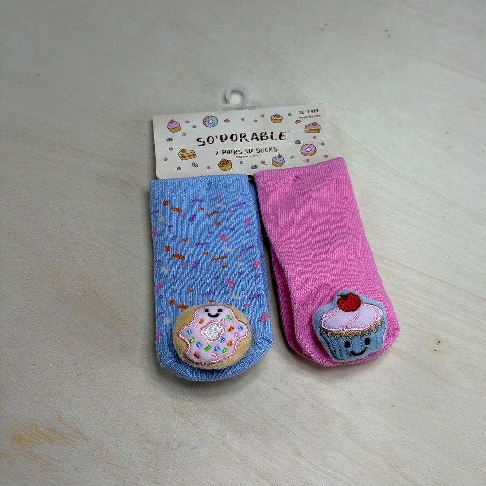 So'Dorable 2 Pairs 3D Socks Infant 12-24M Blue Donut Pink Cupcake Booties NEW